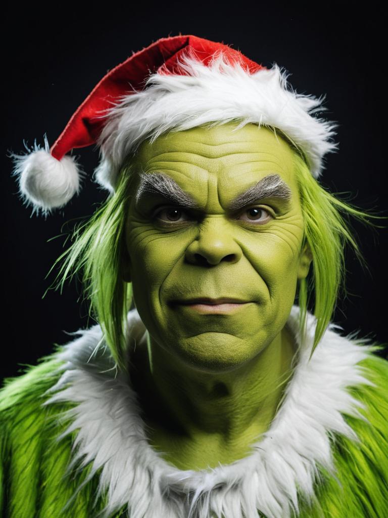 Professional Grinch Costume Cosplay Man in Santa Hat Studio Headshot
