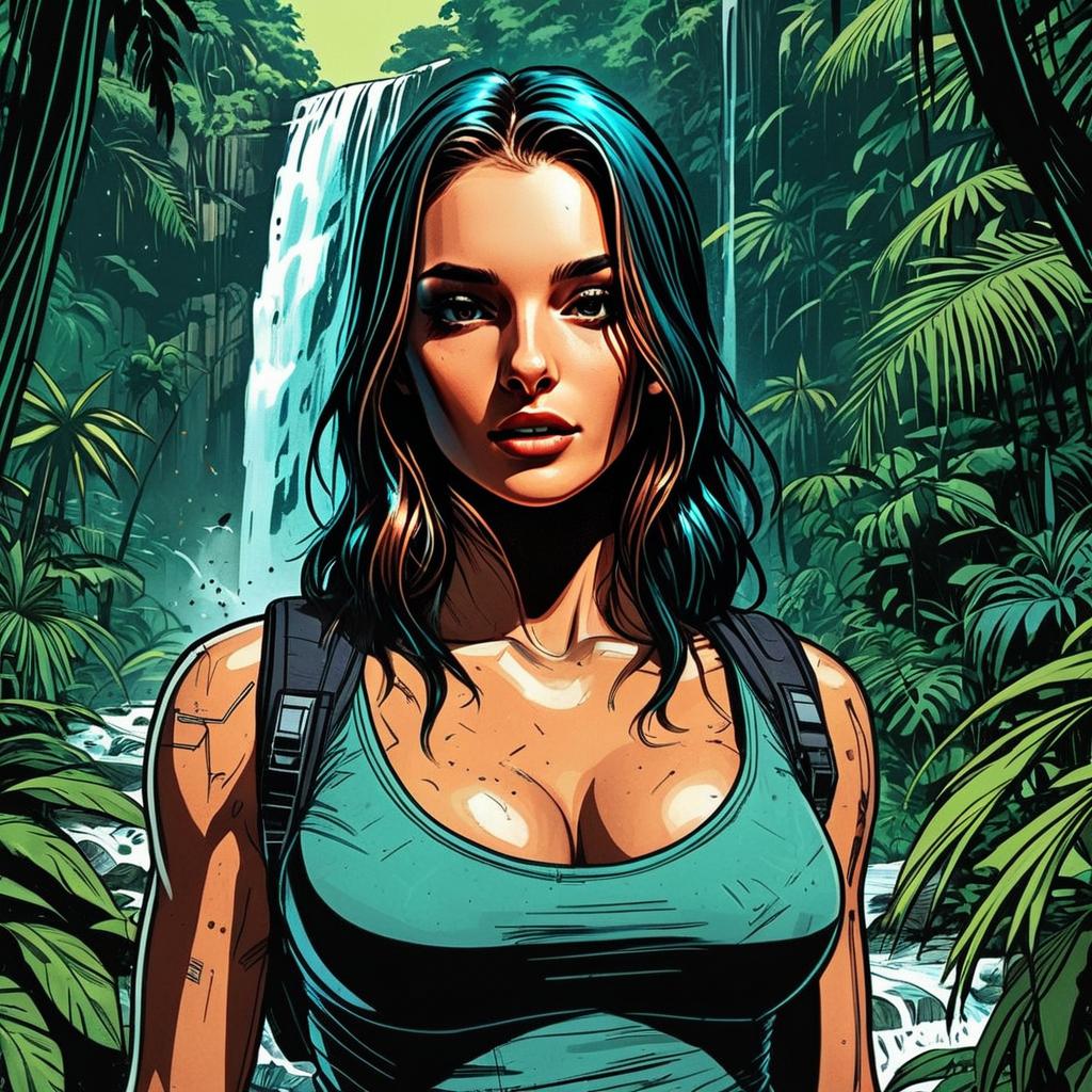 Realistic Digital Illustration of Woman in Jungle with Waterfall