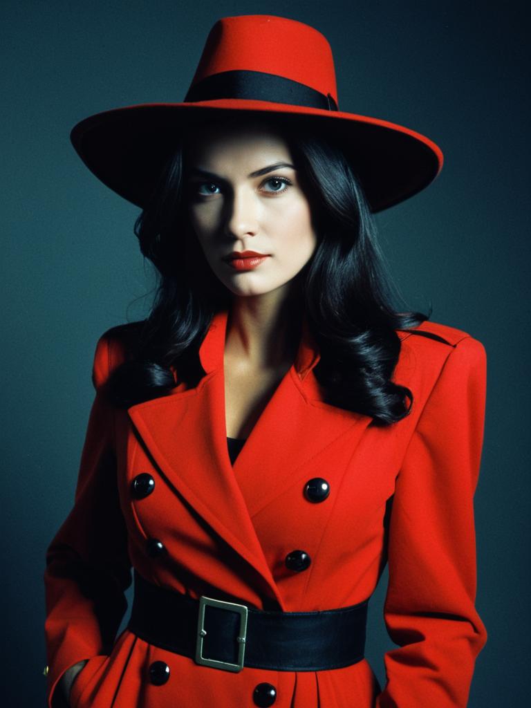 Woman in Carmen Sandiego Costume Waist Up Editorial Portrait