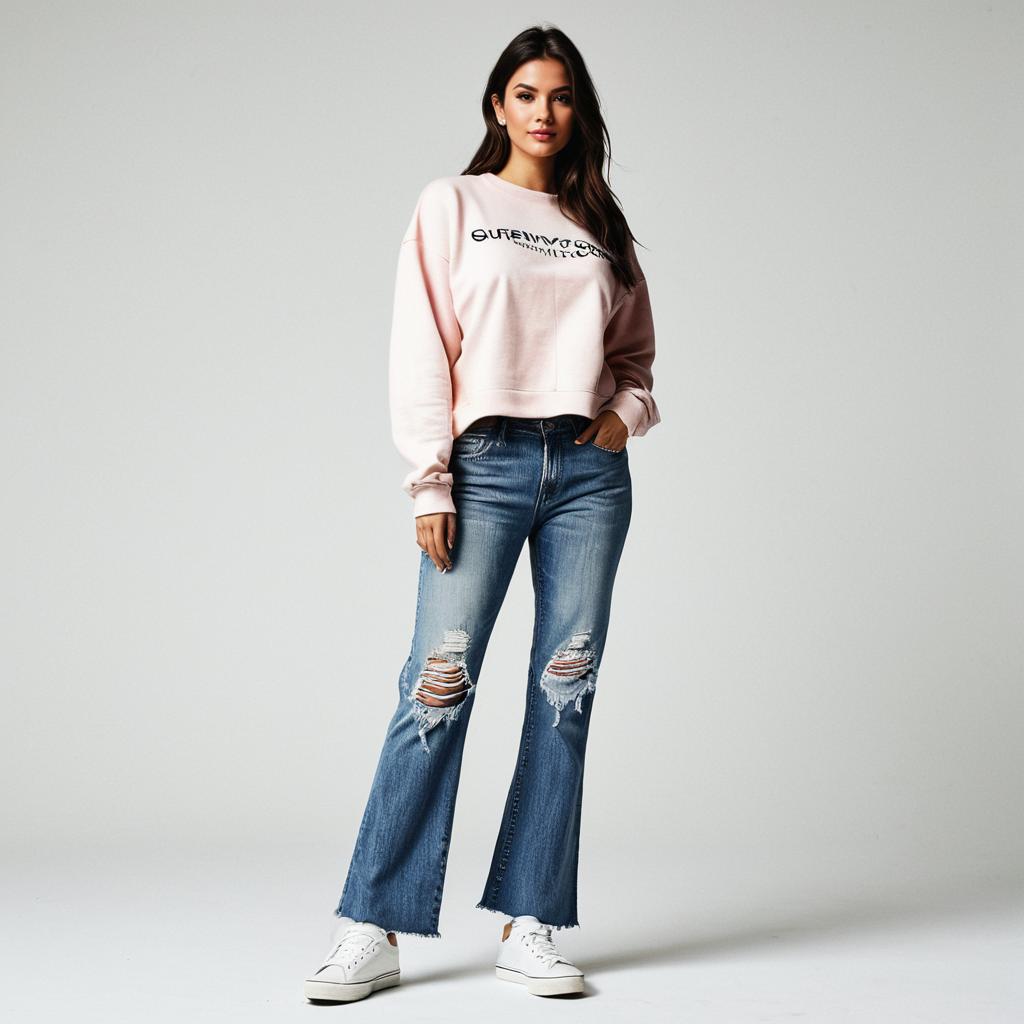 Casual Streetwear Fashion Woman in Cropped Sweatshirt and Distressed Jeans
