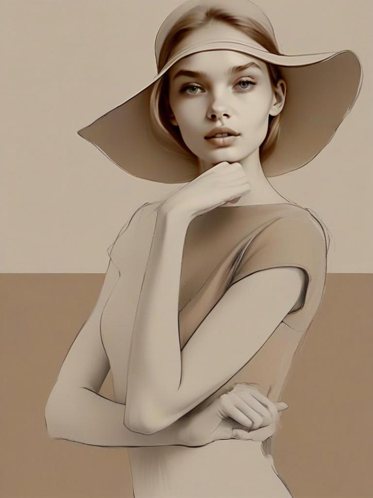 Stylish Woman in Minimalist Outfit with Wide-Brimmed Hat