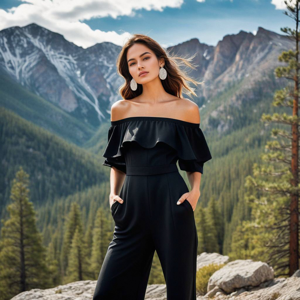 Confident Woman in Black Off-Shoulder Jumpsuit Against Mountain Backdrop Confident Woman in Black Off-Shoulder Jumpsuit Against Mountain Backdrop