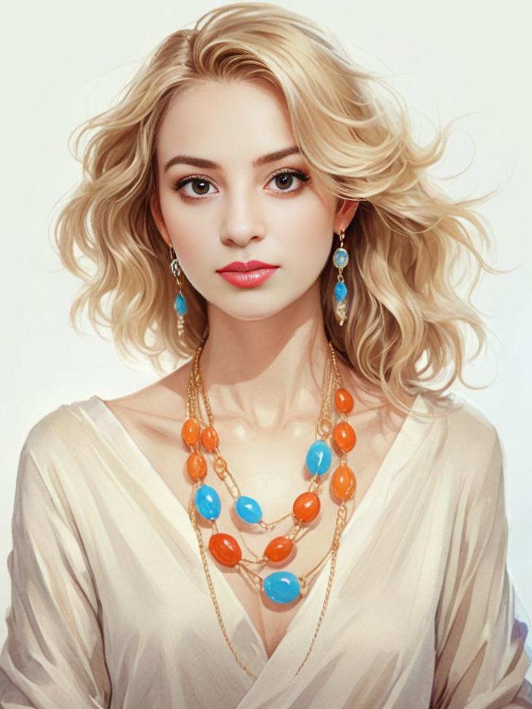 Stylish young woman with blonde curls, blue earrings, and orange necklace