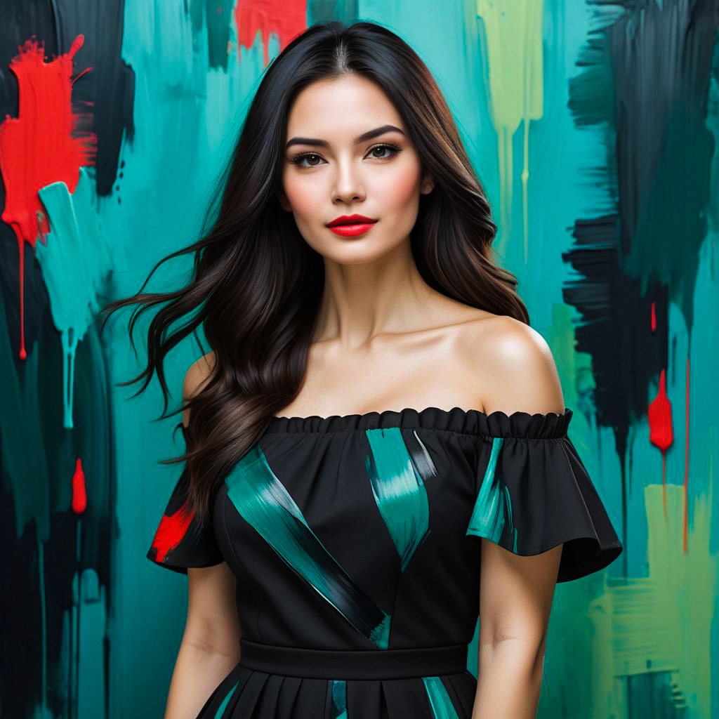 Confident Woman in Black Dress with Abstract Background