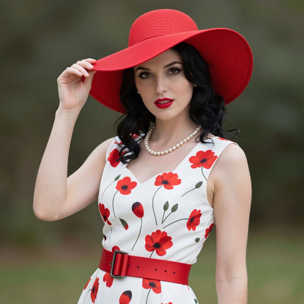Elegant Woman in Red Hat and Floral Dress with Vintage Style