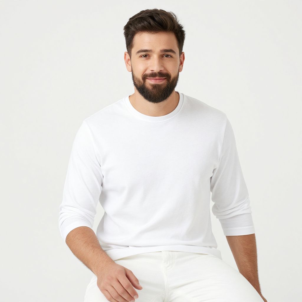 Young Man in White Long-Sleeve Shirt with Beard on White Background