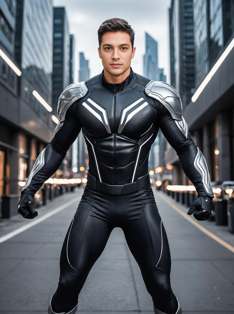 Confident Young Man in Futuristic Suit in Urban Setting