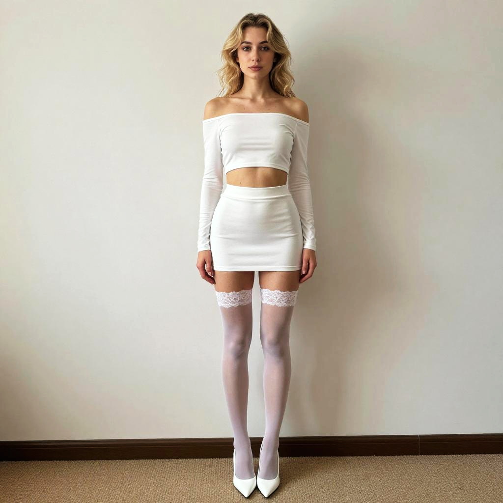 Young Woman in Stylish White Crop Top Mini Skirt and Thigh-High Stockings