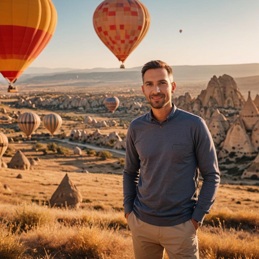 Man Posing with Hot Air Balloons at Golden Hour