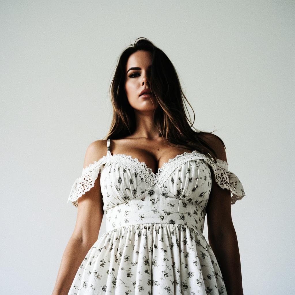 Confident Woman in White Floral Off-Shoulder Dress