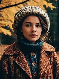 Woman in Vintage Cozy Fall Outfit with Knitted Beret and Brown Coat