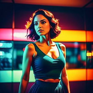 Confident Woman with Wavy Hair Against Colorful Background