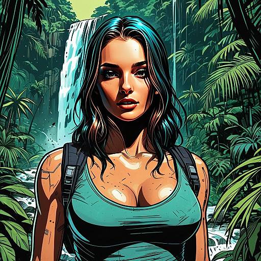 Realistic Digital Illustration of Woman in Jungle with Waterfall
