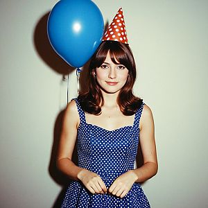 Young Woman in Blue Polka Dot Dress with Balloon