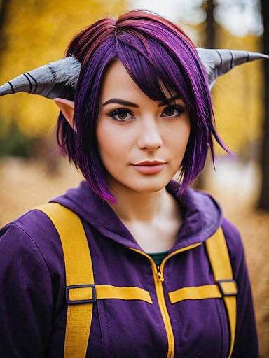 Amity Blight Cosplay Portrait with Purple Hair and Elf Horns Outdoors