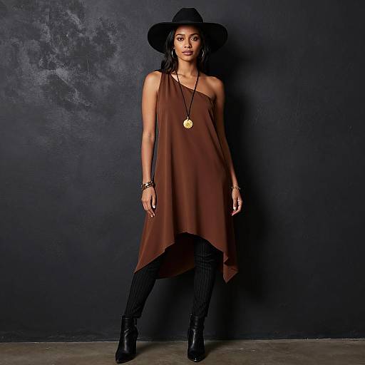 Modern Bohemian Woman in Brown Asymmetrical Dress with Black Hat