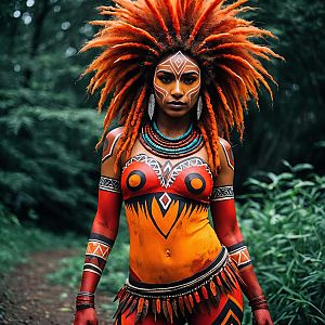 Tribal Woman with Vibrant Body Paint and Fiery Dreadlocks in Forest