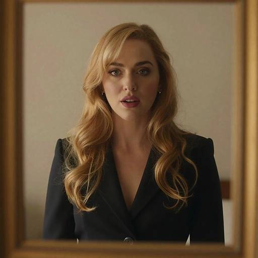 Stylish Gen Z Woman in Black Blazer Looking into Mirror