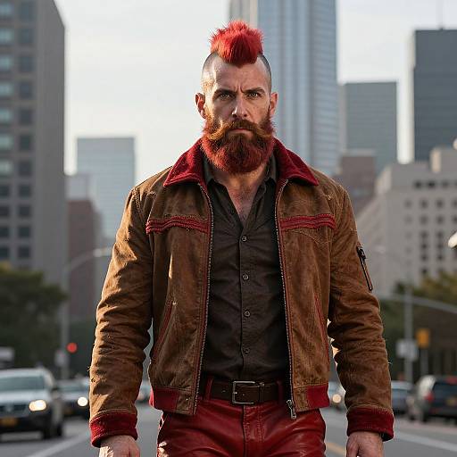 Man with Red Mohawk and Beard in Urban Street Style Outfit
