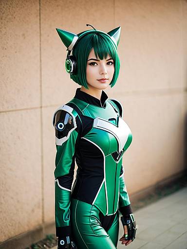 Futuristic Woman in Green Sci-Fi Bodysuit with Cat-Ear Headphones