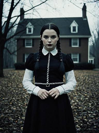 Woman in Wednesday Addams Costume with Moody Cinematic Realism
