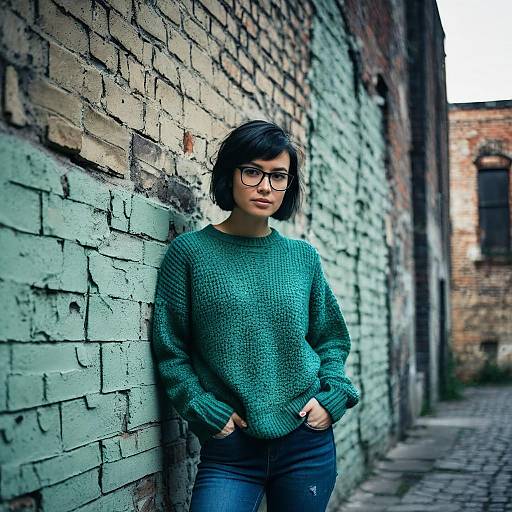 Young Woman in Teal Sweater Leaning on Urban Brick Wall