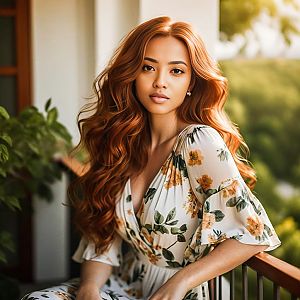 Elegant Woman with Red Hair on Balcony in Floral Dress