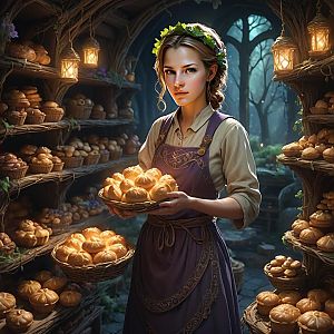 Young Woman in Purple Apron at Rustic Bakery
