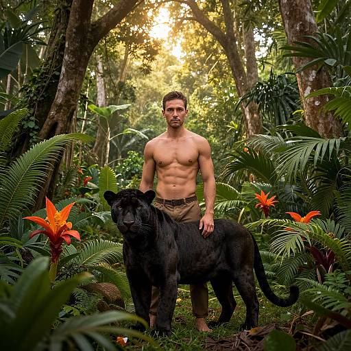 Shirtless Man with Black Panther in Lush Tropical Jungle