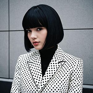 Stylish Woman in Polka Dot Blazer with Black Bob Hairstyle