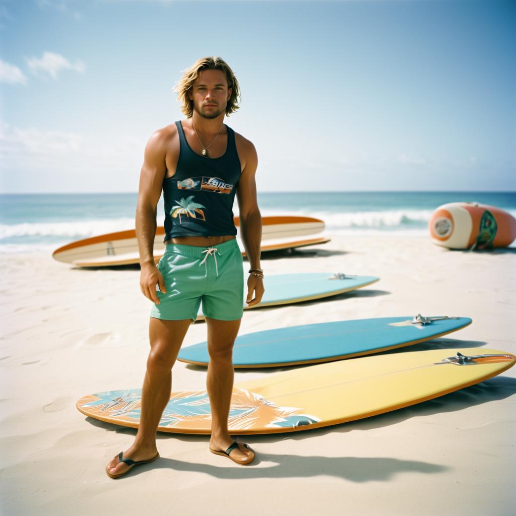 Confident Man Surfing on Beach