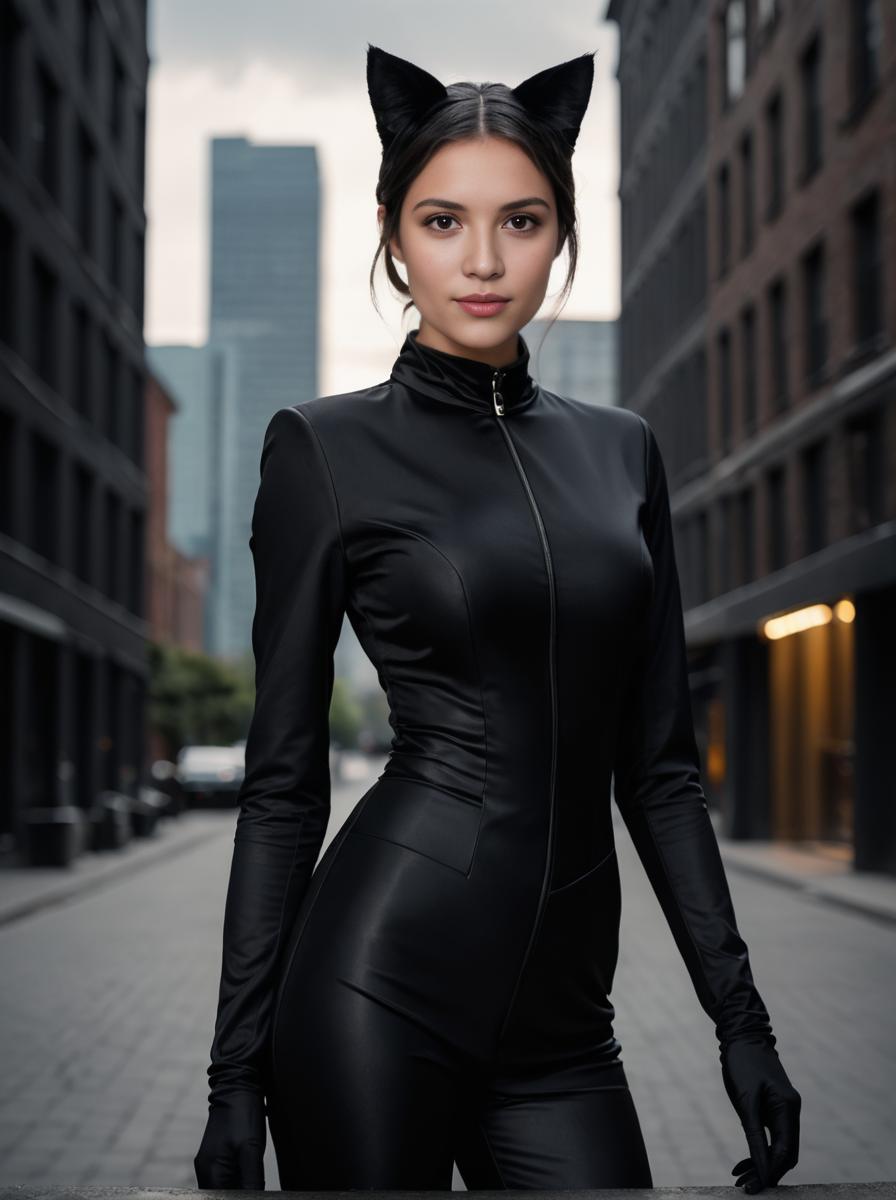 Confident Woman in Black Catsuit with Cat Ears