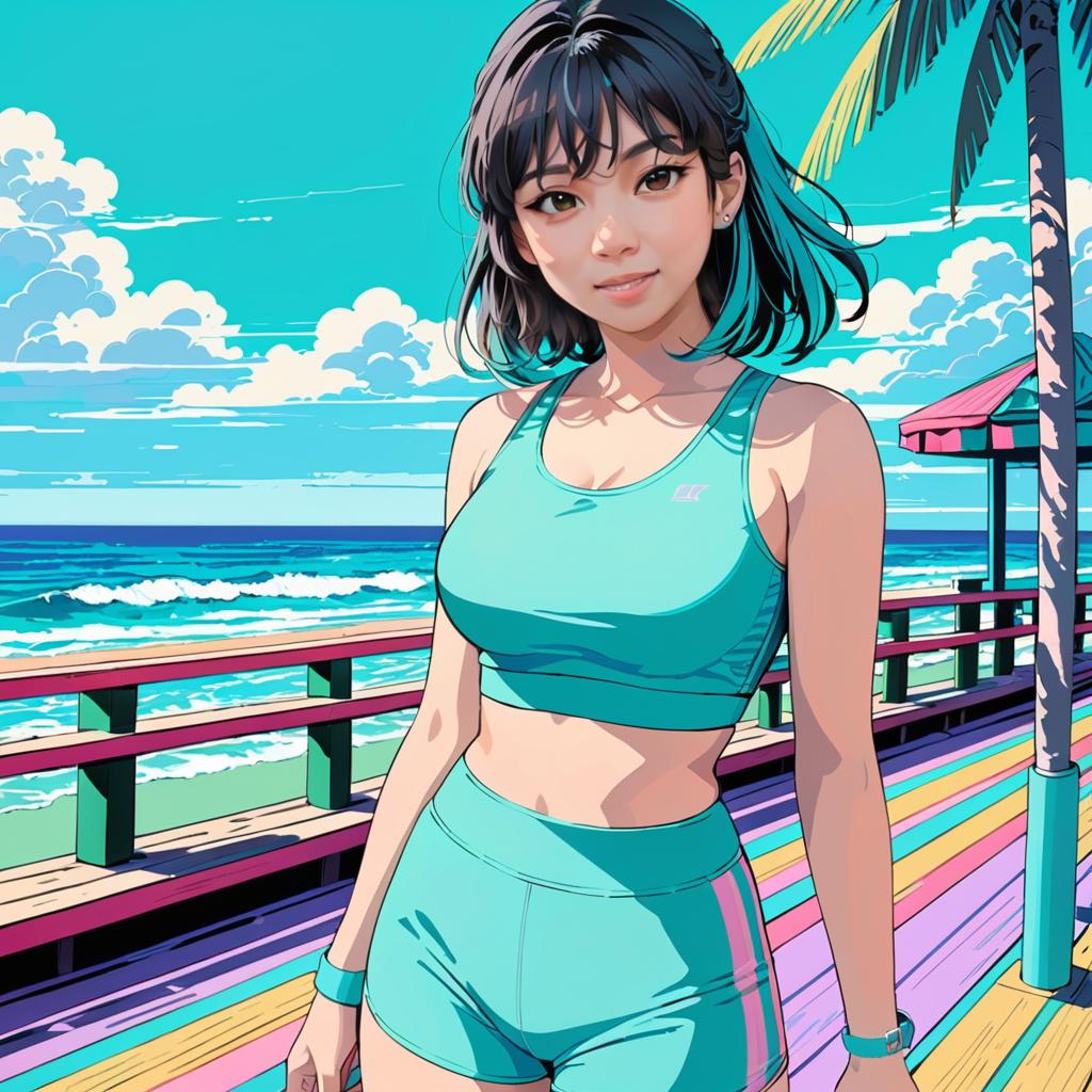 Anime Woman on Beachside Boardwalk