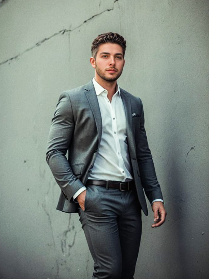 Confident young man in stylish gray suit