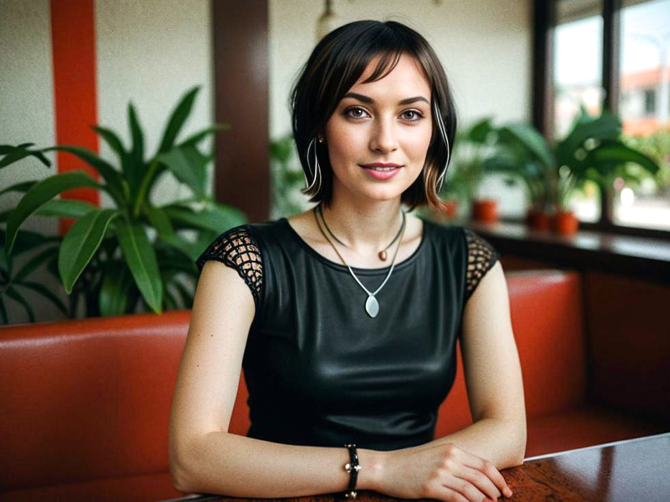 Stylish woman in café with plants