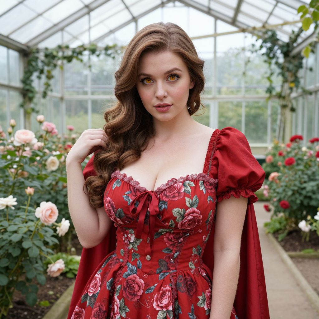 Young Woman in Red Floral Dress with Amber Eyes in Rose Greenhouse