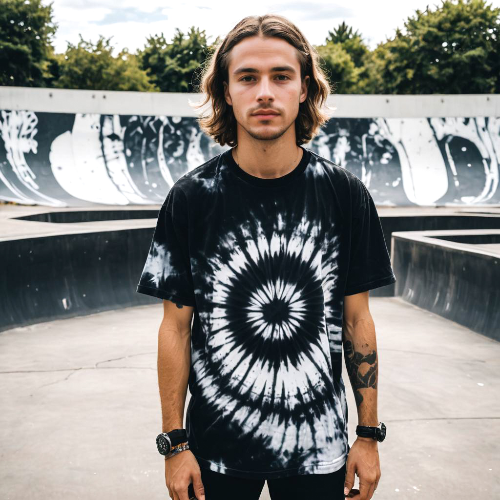 Young Man in Stylish Tie-Dye T-Shirt at Skatepark