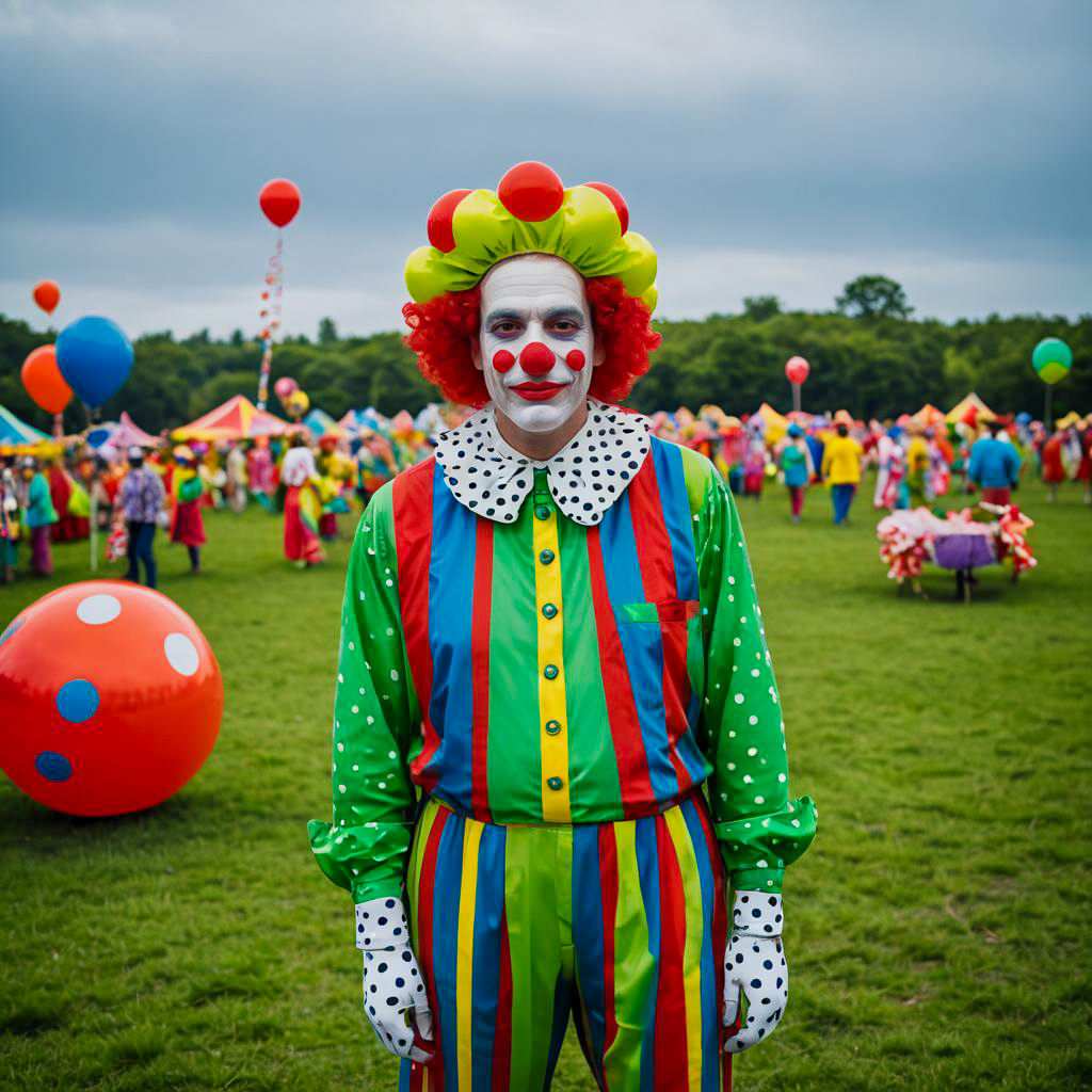 Colorful Male Clown at Outdoor Festival with Balloons and Performers