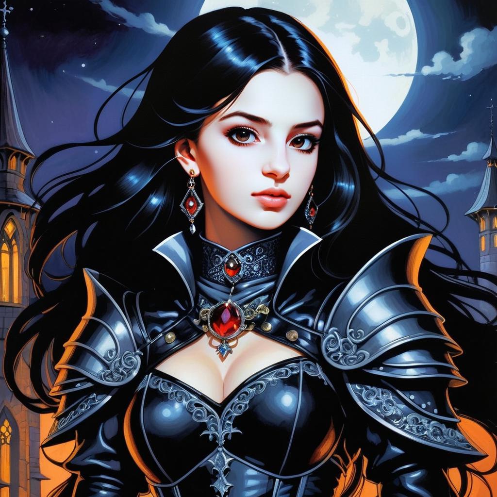 Fantasy Woman in Black Armor with Moonlit Castle