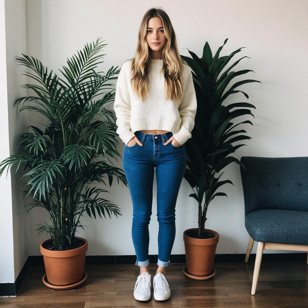 Young Woman Wearing Cozy Sweater and Split-Hem Skinny Jeans Indoors