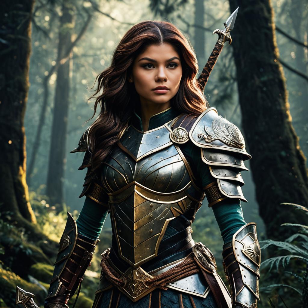 Realistic Fantasy Woman Warrior in Medieval Armor with Sword in Forest