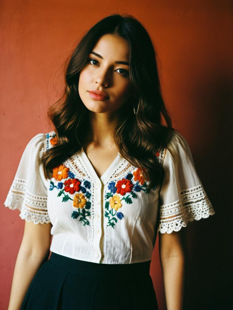 Woman Wearing Bohemian Sheer White Top with Crochet and Floral Embroidery