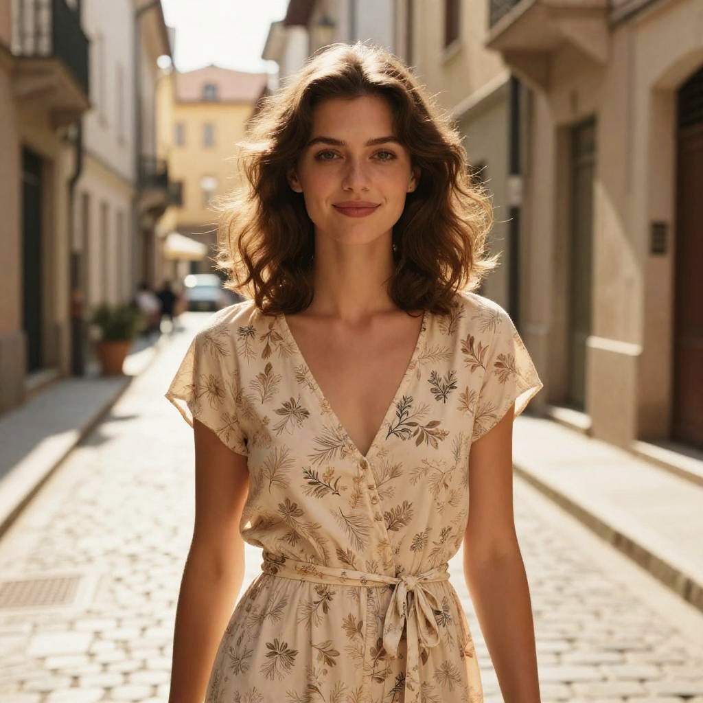 Young Woman Wearing Beige Floral Dress on Cobblestone Street