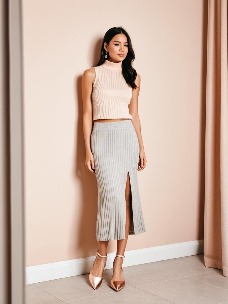 Elegant Woman in Ribbed Crop Top and Slit Skirt Fashion Outfit