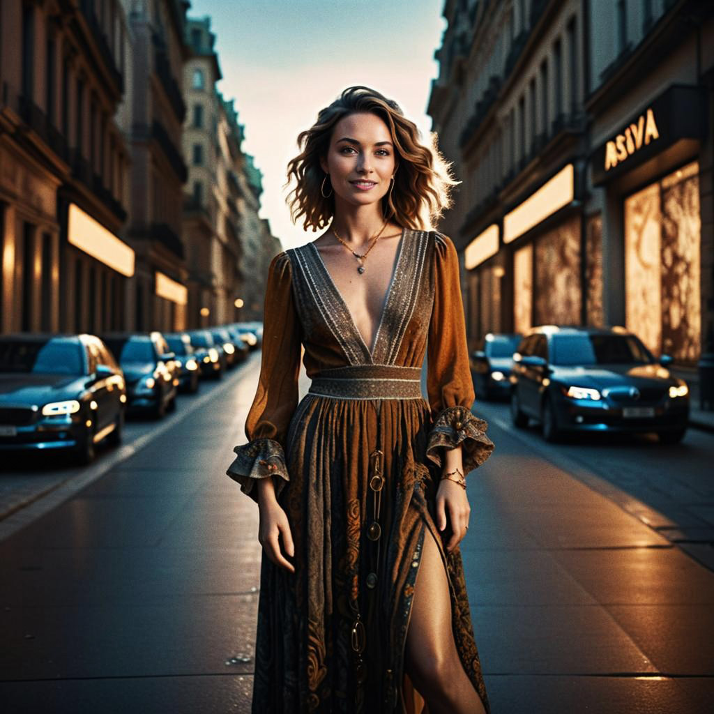 Confident Woman in Chic Dress at Night