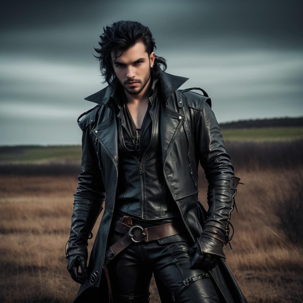 Stylish Man in Leather Coat Against Dramatic Landscape