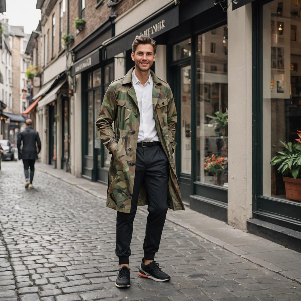 Stylish Man in Camouflage Coat on Cobblestone Street