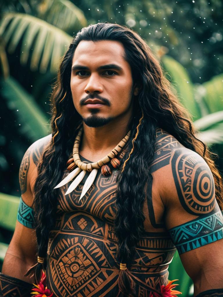 Man in Polynesian Moana Costume with Tribal Tattoos Photorealistic Portrait