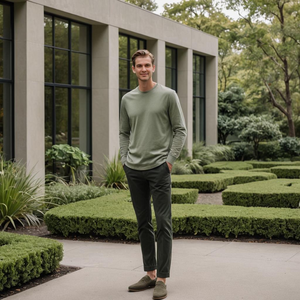 Stylish Man in Casual Attire in Artistic Garden