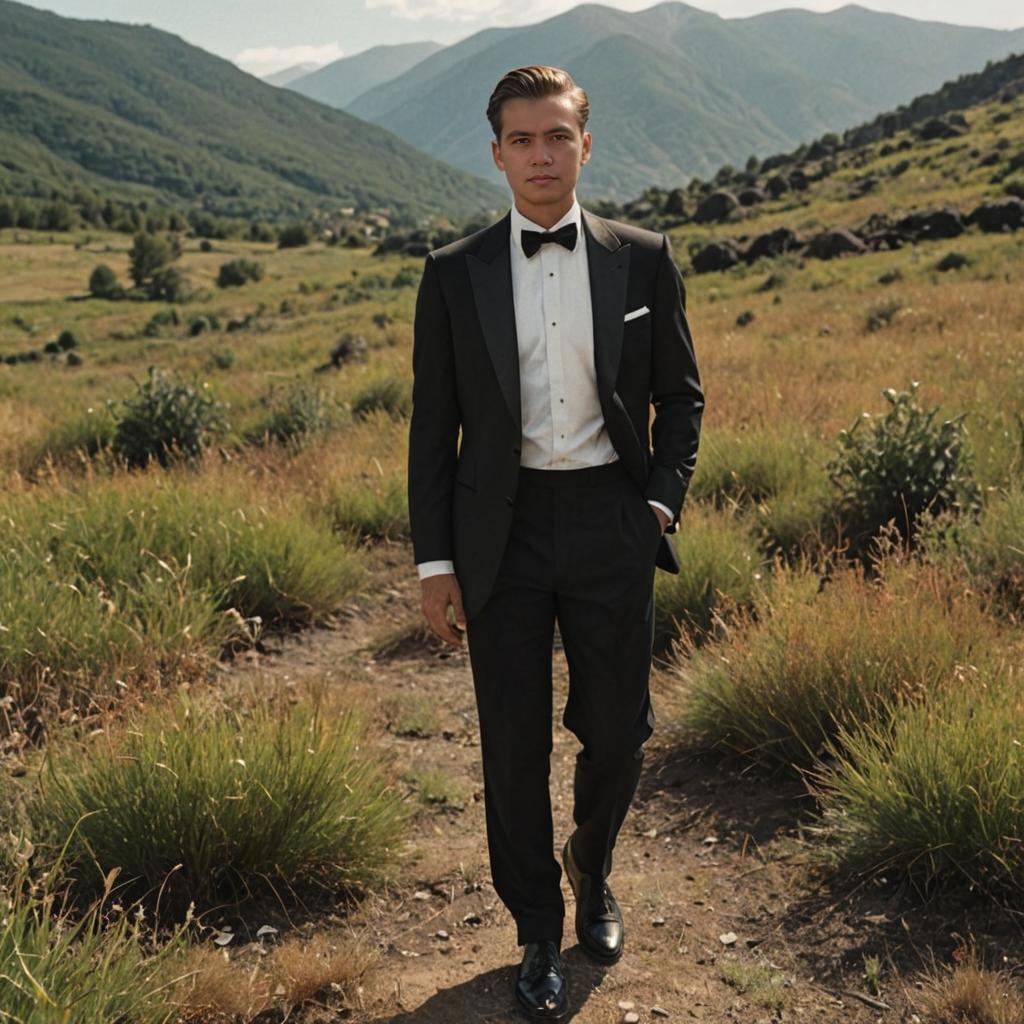 Elegant Man in Tuxedo in Rugged Field